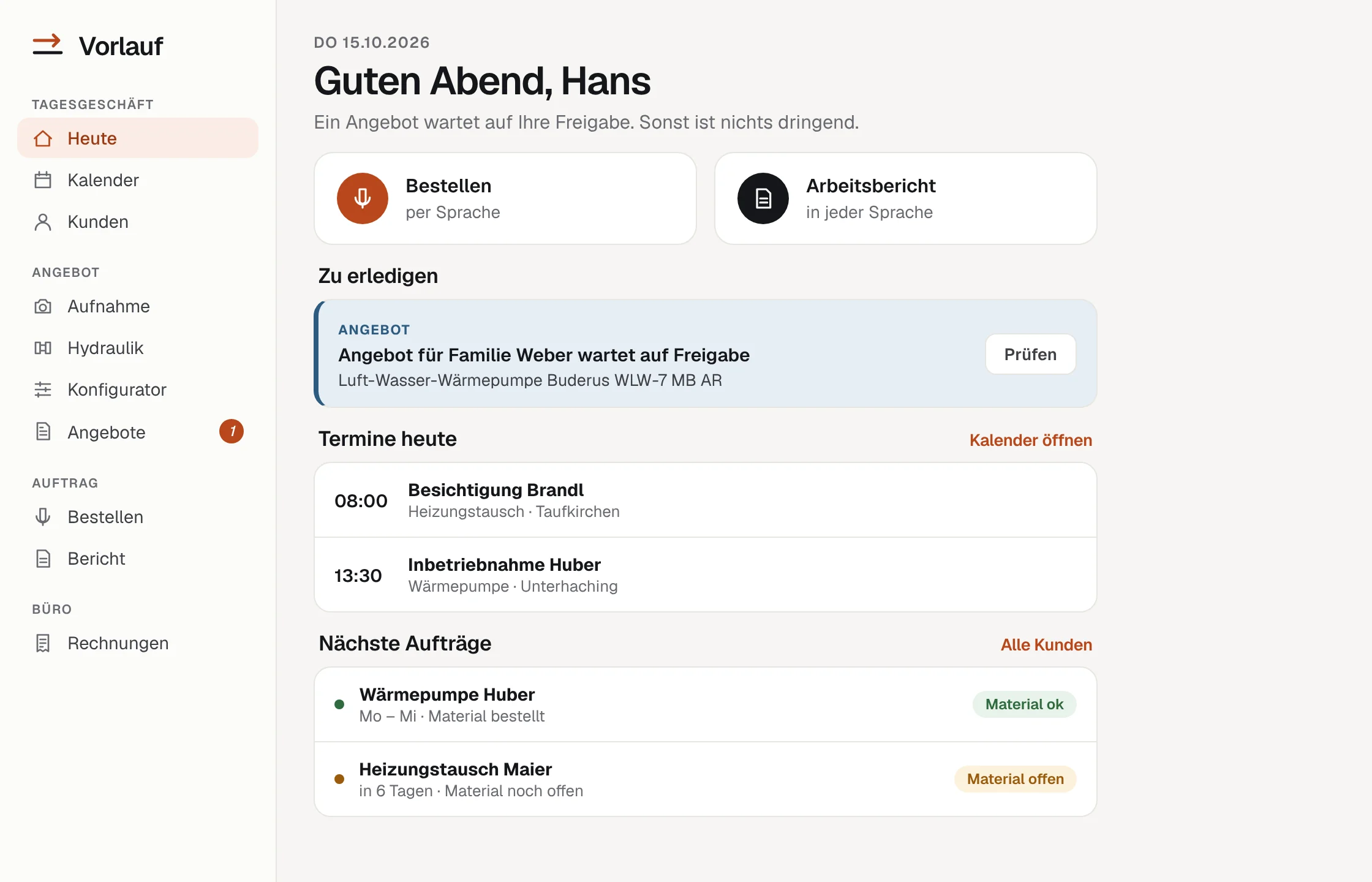 Übersicht „Heute“ im Vorlauf-Dashboard: Termine, offene Angebote und nächste Aufträge